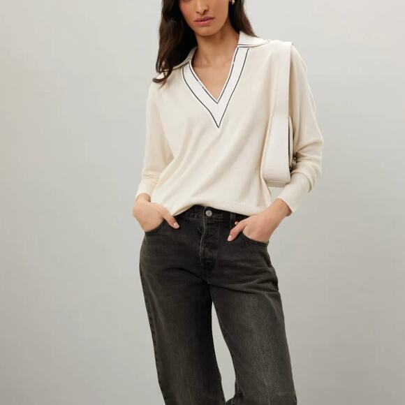 Sandro Cream Polo Sweater Top Size 0 Cashmere Oversized Preppy Designer $338 - Picture 2 of 12